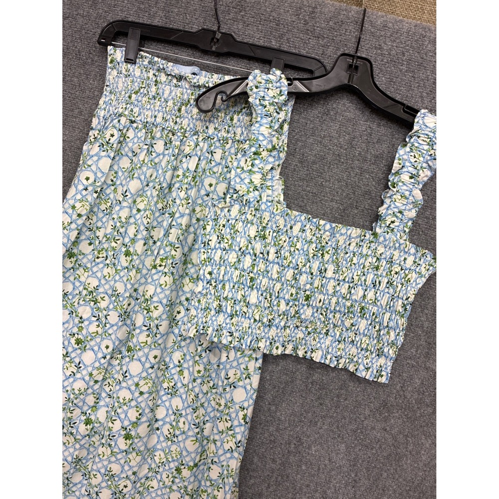 Set of 2 Hill House Top and Skirt Blue Green Trellis Floral Smocked Medium